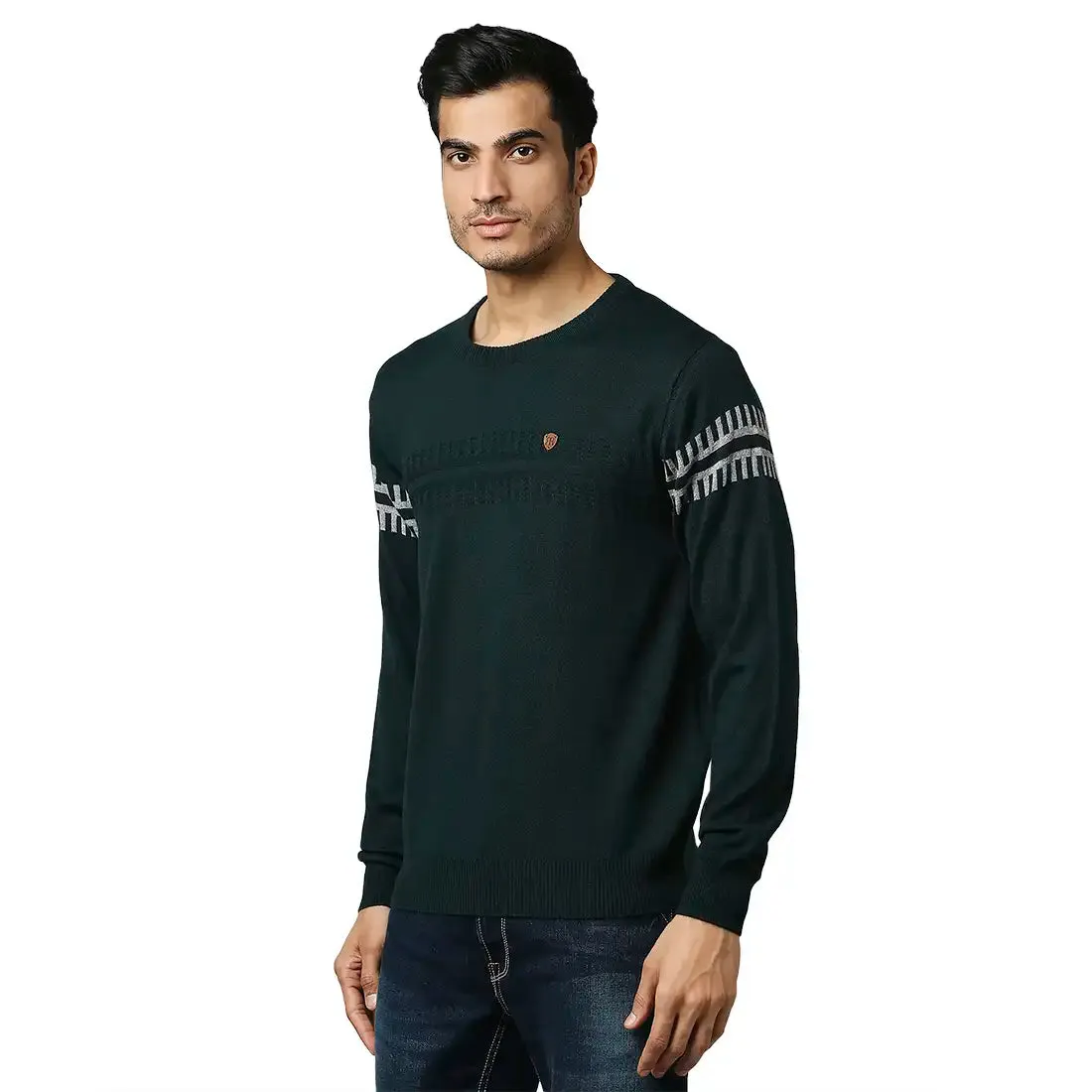 Men Green Structure Self Acrylic Wool Blend Round Collar Sweaters