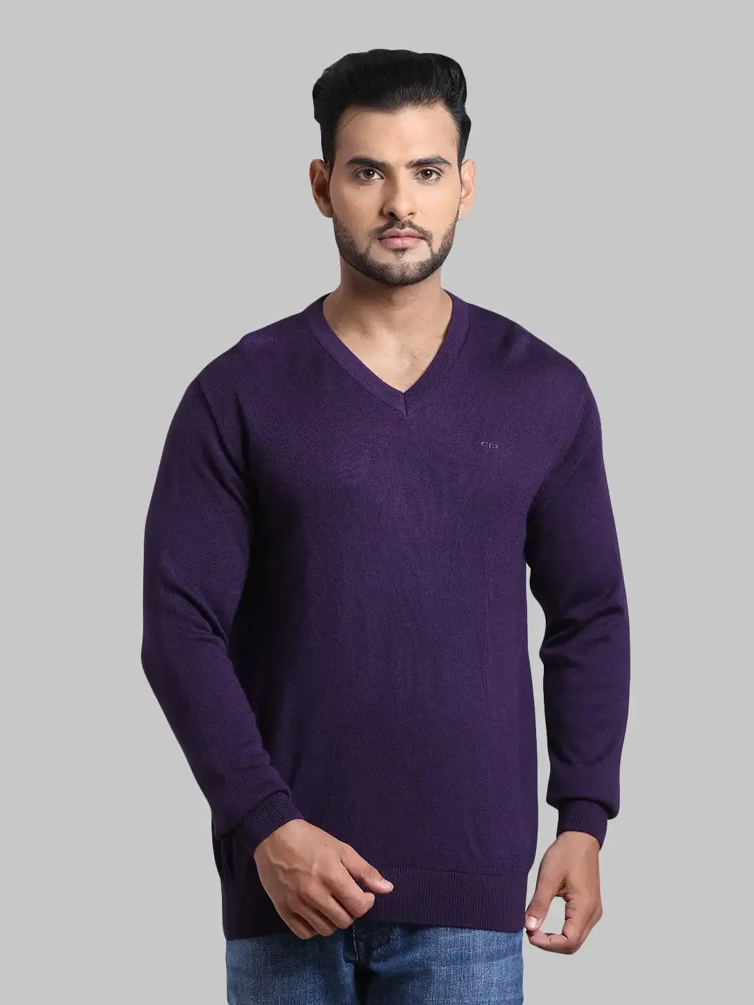 Men Violet Tailored Fit Solid Wool Blend Full Sleeve V Neck Collar Sweaters