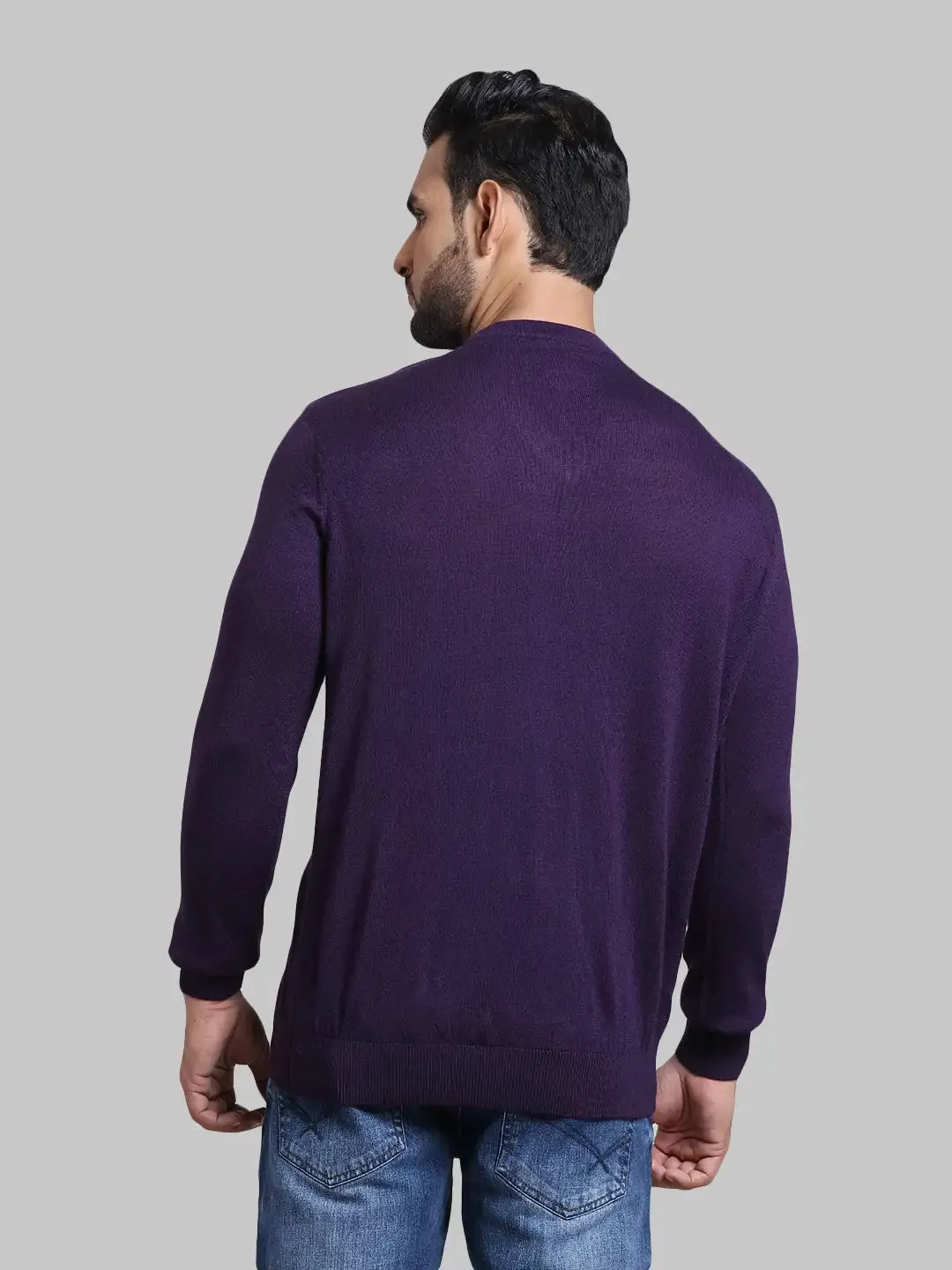 Men Violet Tailored Fit Solid Wool Blend Full Sleeve V Neck Collar Sweaters