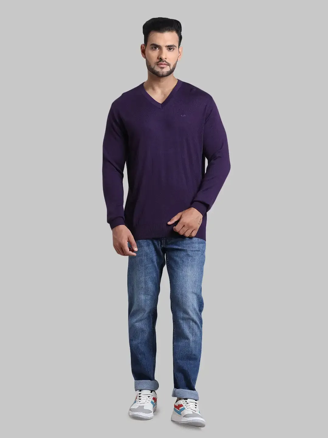 Men Violet Tailored Fit Solid Wool Blend Full Sleeve V Neck Collar Sweaters