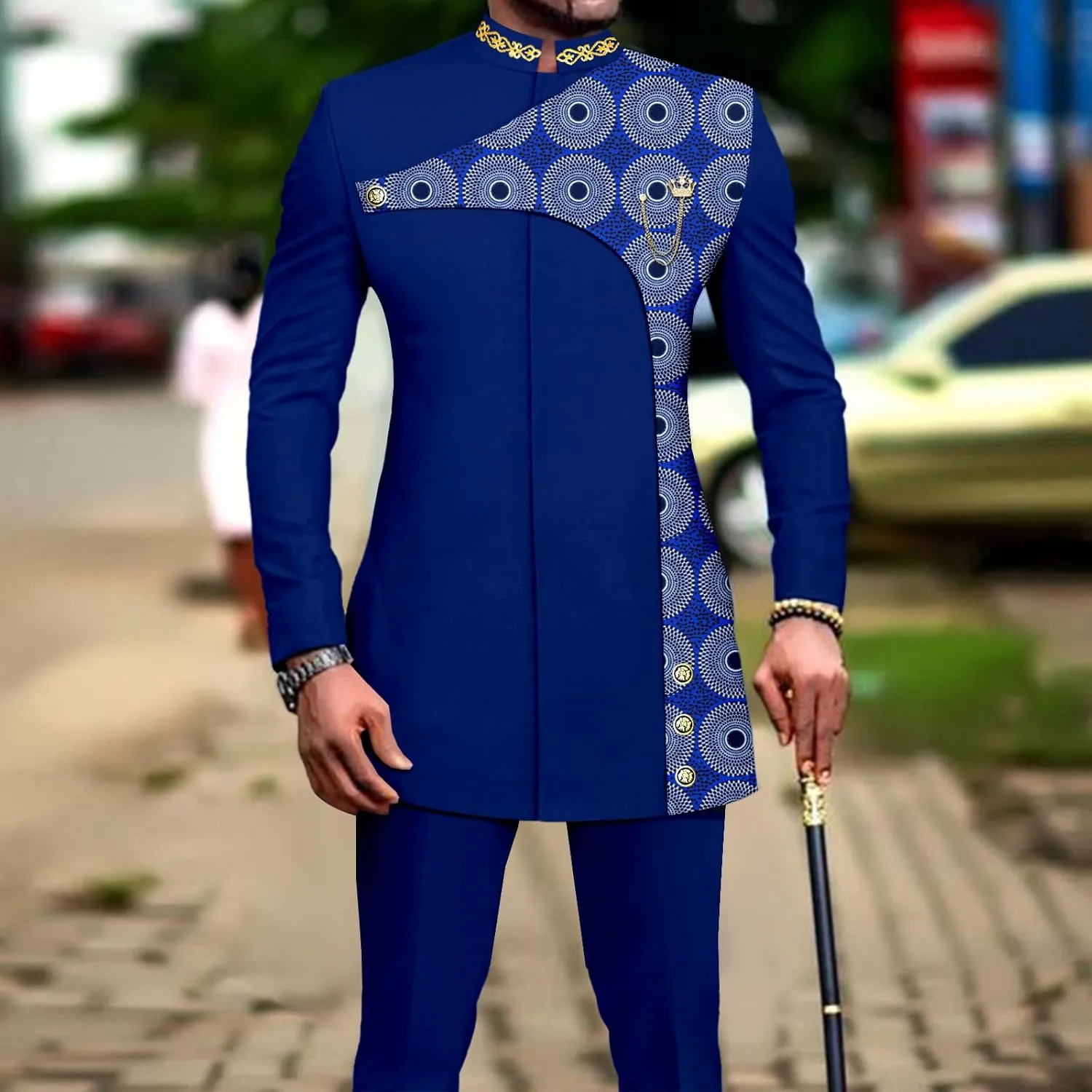 Men's 2 Pieces Suit Elegant Single Breated Slim Fit Embroidery Print Blazer Pants Set African Clothes