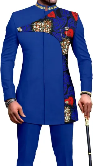 Men's 2 Pieces Suit Elegant Single Breated Slim Fit Embroidery Print Blazer Pants Set African Clothes