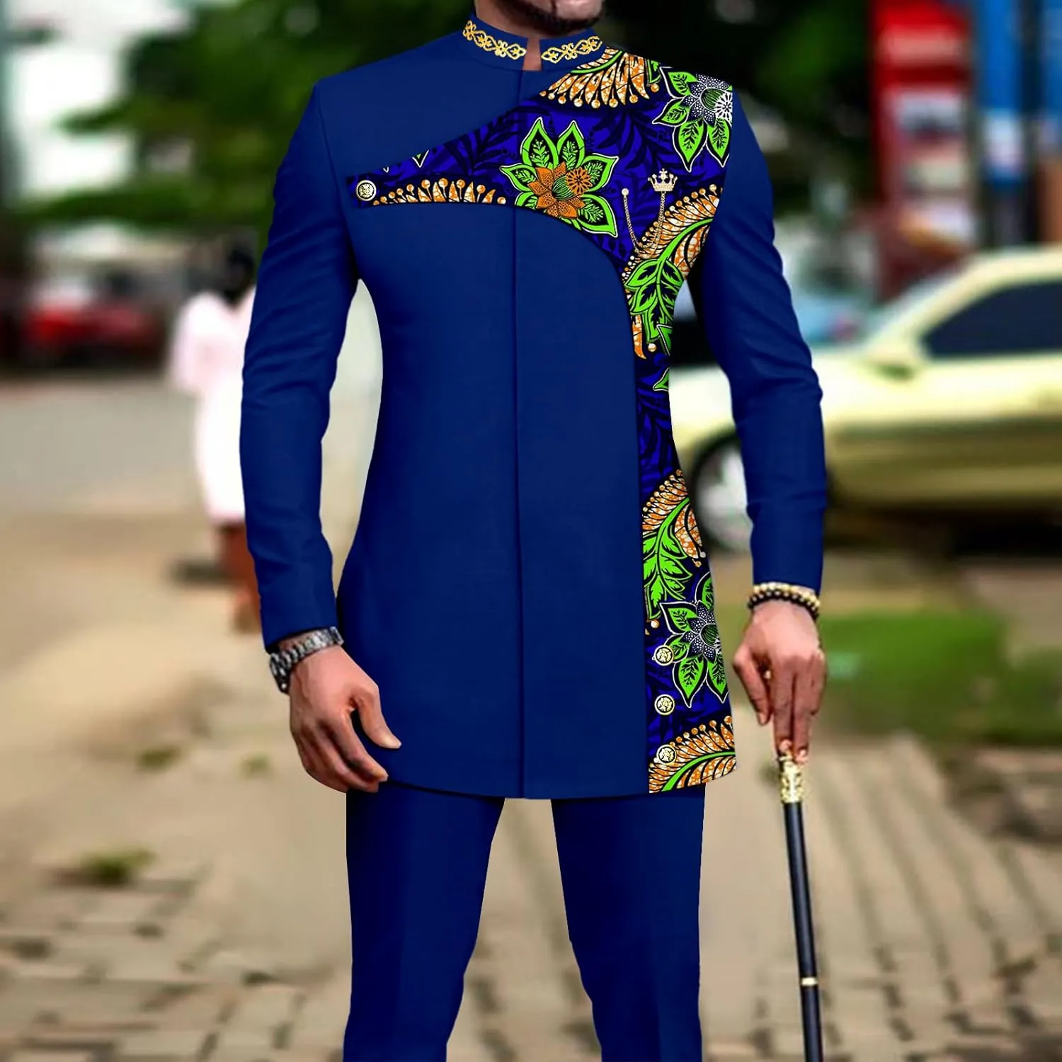 Men's 2 Pieces Suit Elegant Single Breated Slim Fit Embroidery Print Blazer Pants Set African Clothes