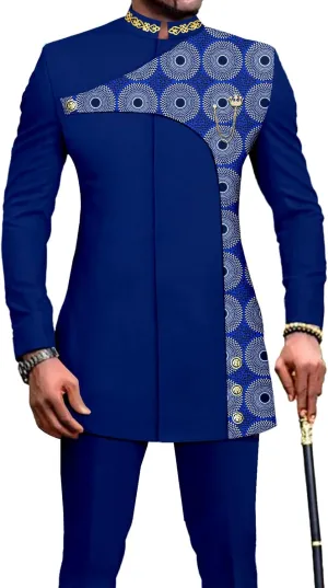 Men's 2 Pieces Suit Elegant Single Breated Slim Fit Embroidery Print Blazer Pants Set African Clothes