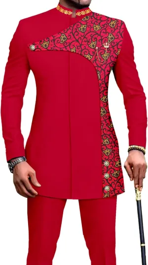 Men's 2 Pieces Suit Elegant Single Breated Slim Fit Embroidery Print Blazer Pants Set African Clothes