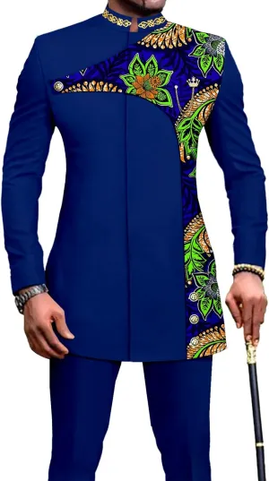 Men's 2 Pieces Suit Elegant Single Breated Slim Fit Embroidery Print Blazer Pants Set African Clothes