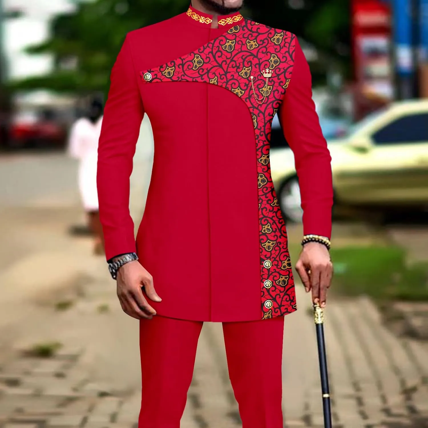 Men's 2 Pieces Suit Elegant Single Breated Slim Fit Embroidery Print Blazer Pants Set African Clothes
