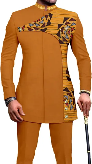 Men's 2 Pieces Suit Elegant Single Breated Slim Fit Embroidery Print Blazer Pants Set African Clothes