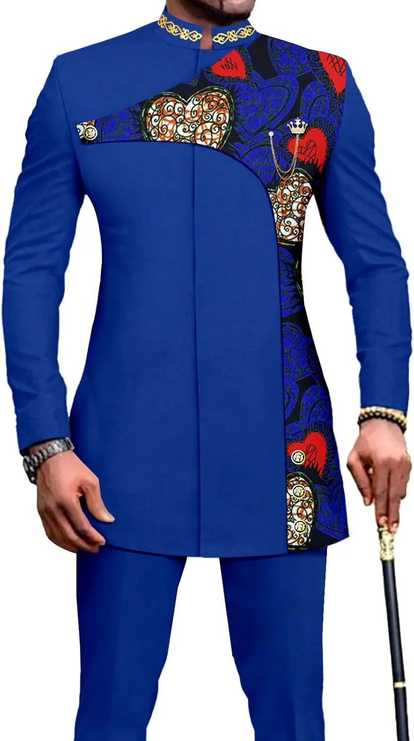 Men's 2 Pieces Suit Elegant Single Breated Slim Fit Embroidery Print Blazer Pants Set African Clothes