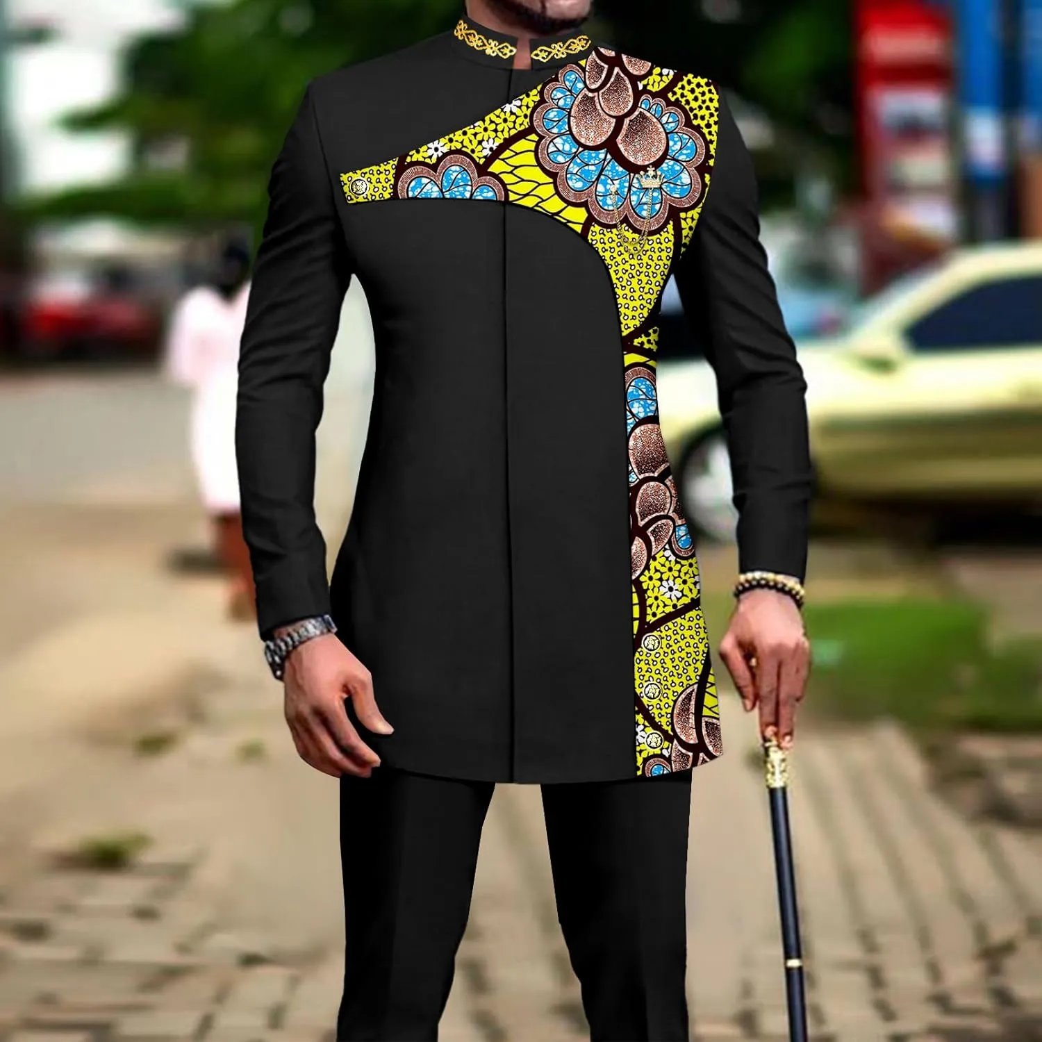 Men's 2 Pieces Suit Elegant Single Breated Slim Fit Embroidery Print Blazer Pants Set African Clothes