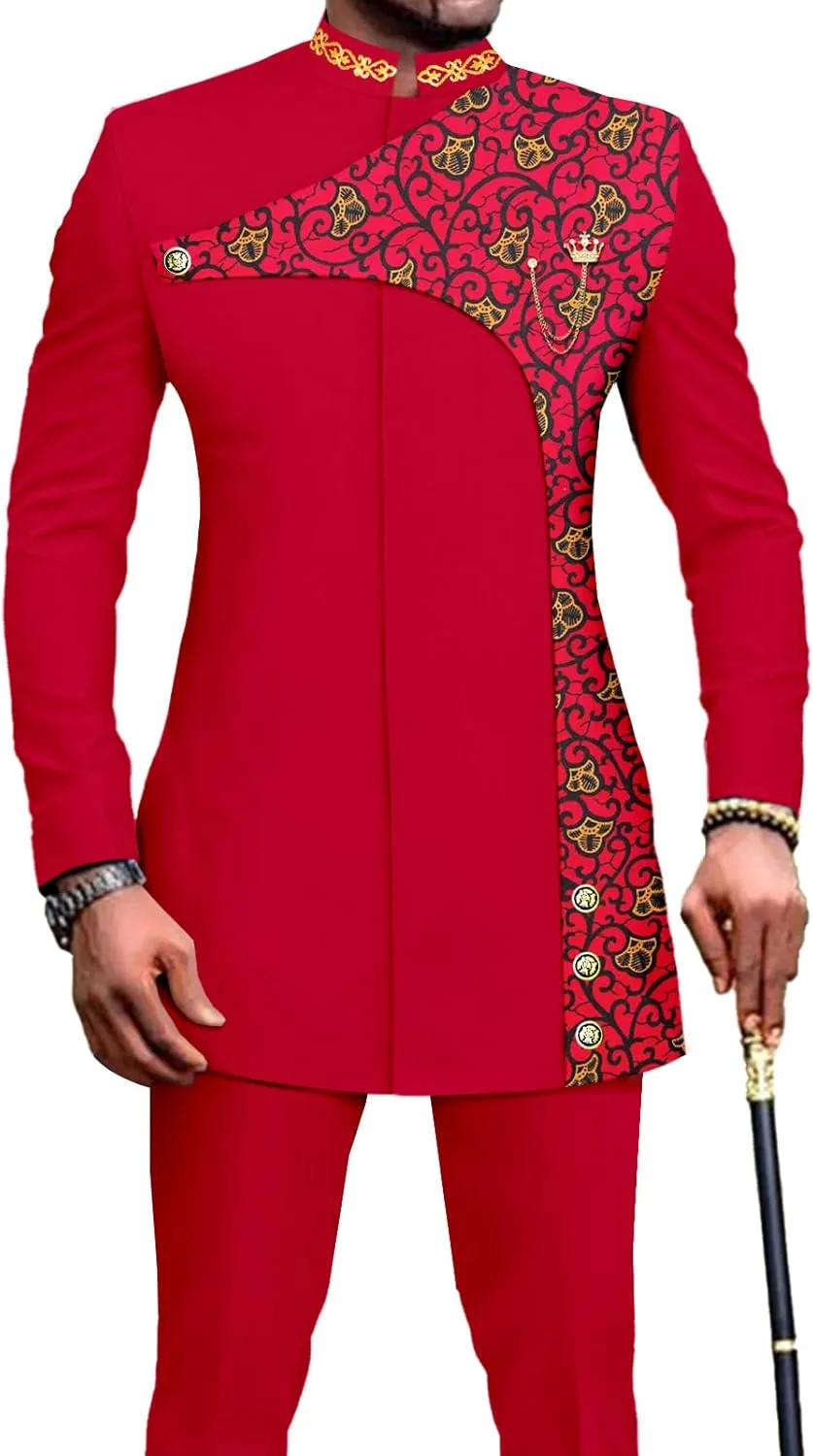 Men's 2 Pieces Suit Elegant Single Breated Slim Fit Embroidery Print Blazer Pants Set African Clothes