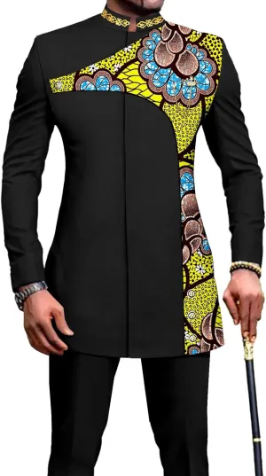 Men's 2 Pieces Suit Elegant Single Breated Slim Fit Embroidery Print Blazer Pants Set African Clothes