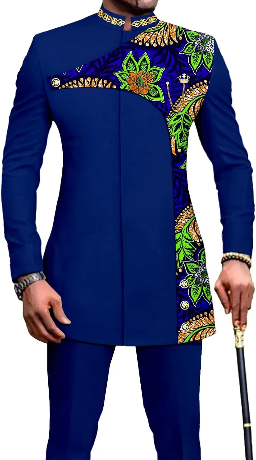 Men's 2 Pieces Suit Elegant Single Breated Slim Fit Embroidery Print Blazer Pants Set African Clothes
