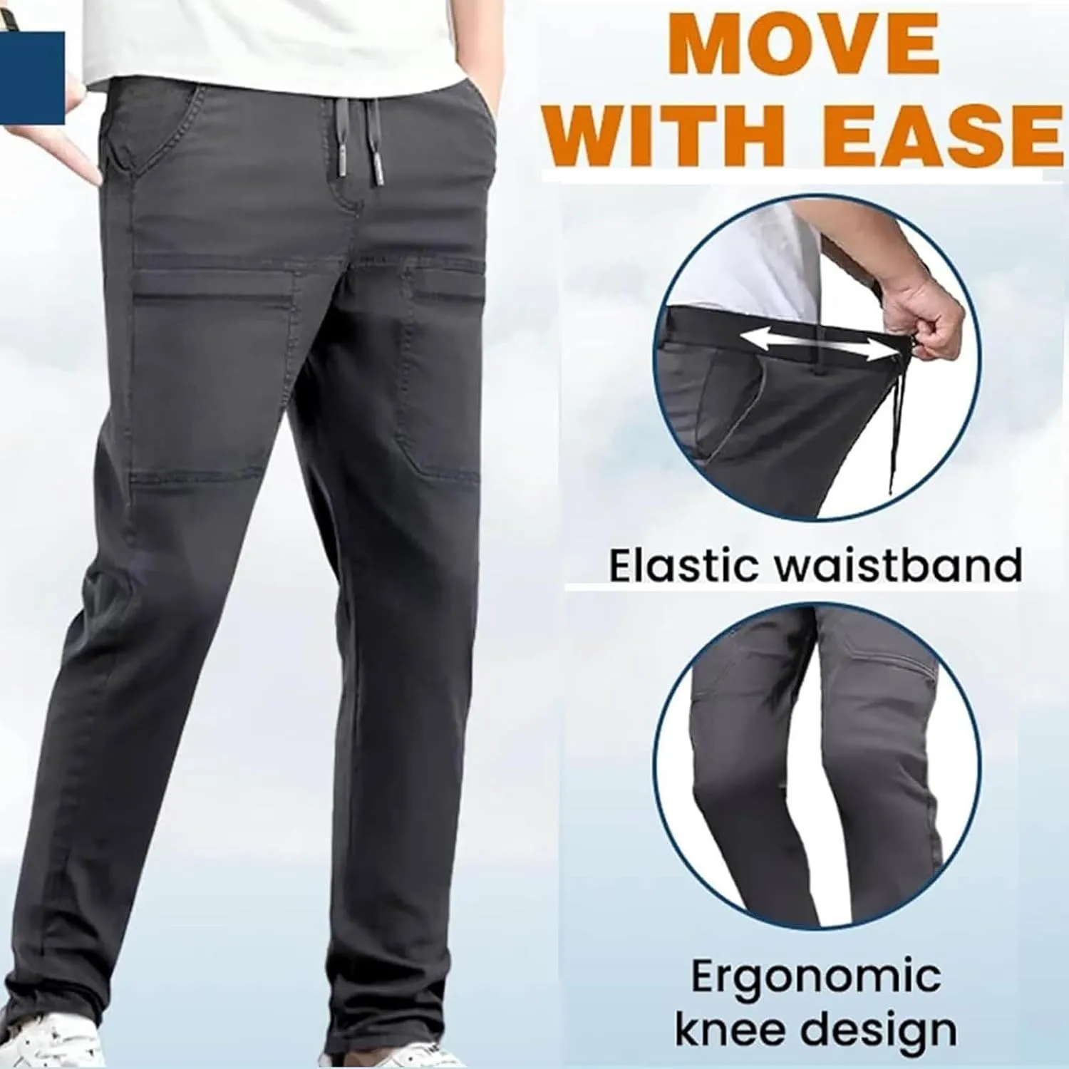 Mens Cargo Pants Big and Tall Outdoor Waterproof Hiking Work Pants Elastic Waist Slim Fit Trousers with Pockets