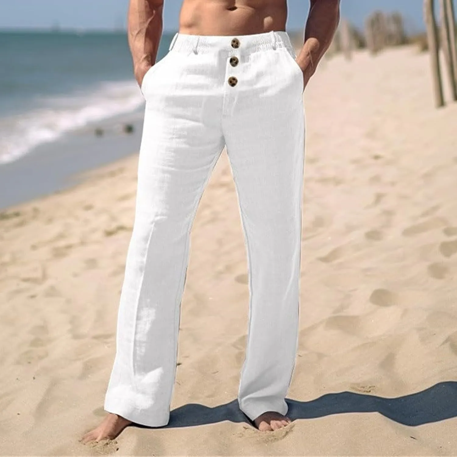 Mens Casual Linen Loose Fit Elastic Drawstring Waist Straight Legs Lightweight Summer Beach Yoga Long Pants