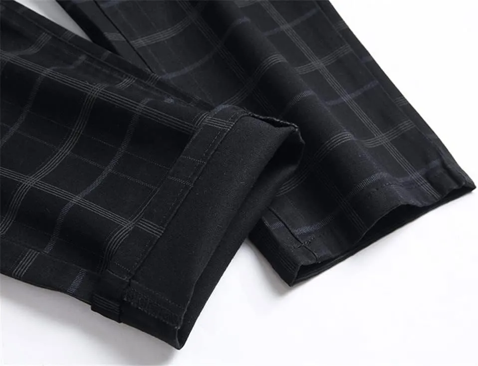 Mens Casual Plaid Chino Business Dress Pants,Fashion Black Stretch Slim Fit Flat Front Skinny Dress Pant for Men