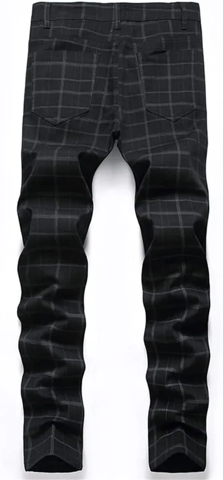 Mens Casual Plaid Chino Business Dress Pants,Fashion Black Stretch Slim Fit Flat Front Skinny Dress Pant for Men