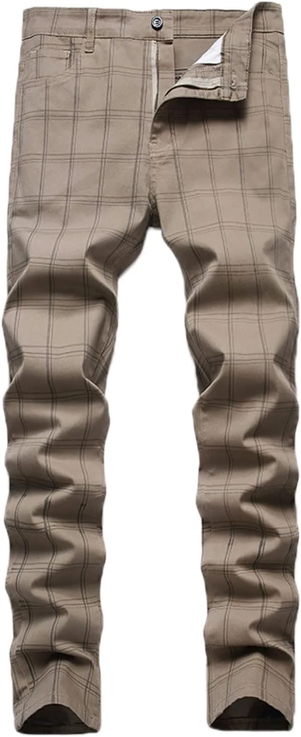 Mens Casual Plaid Chino Business Dress Pants,Fashion Black Stretch Slim Fit Flat Front Skinny Dress Pant for Men
