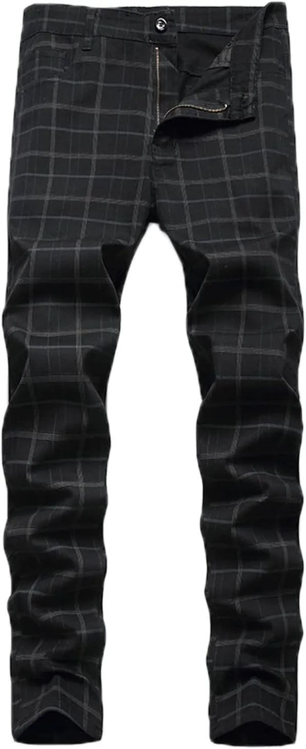 Mens Casual Plaid Chino Business Dress Pants,Fashion Black Stretch Slim Fit Flat Front Skinny Dress Pant for Men