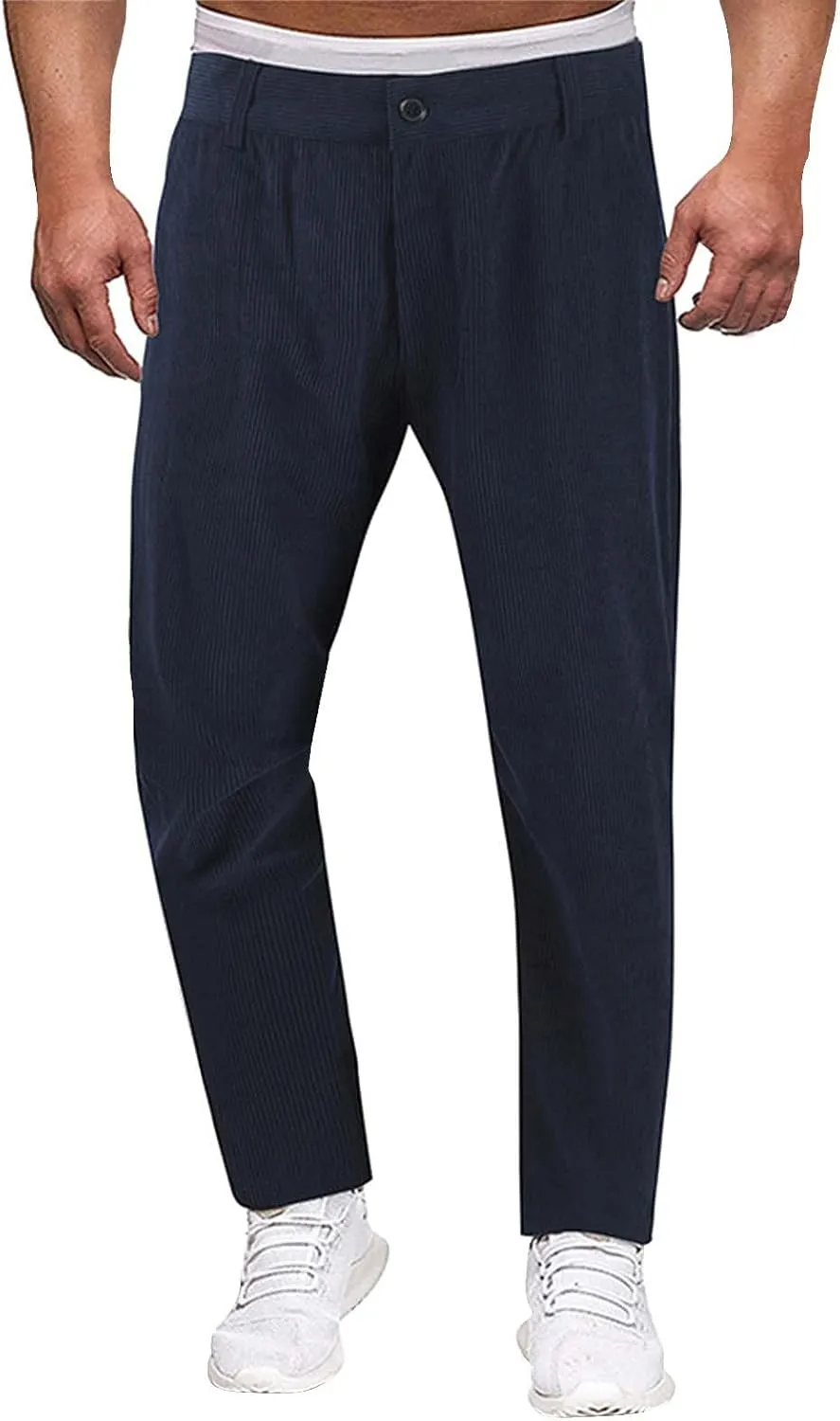 Mens Corduroy Pants Slim Fit Straight Leg Spring Casual Warm Up Pleated Pants Flat-Front Stretch Chino Work Trousers