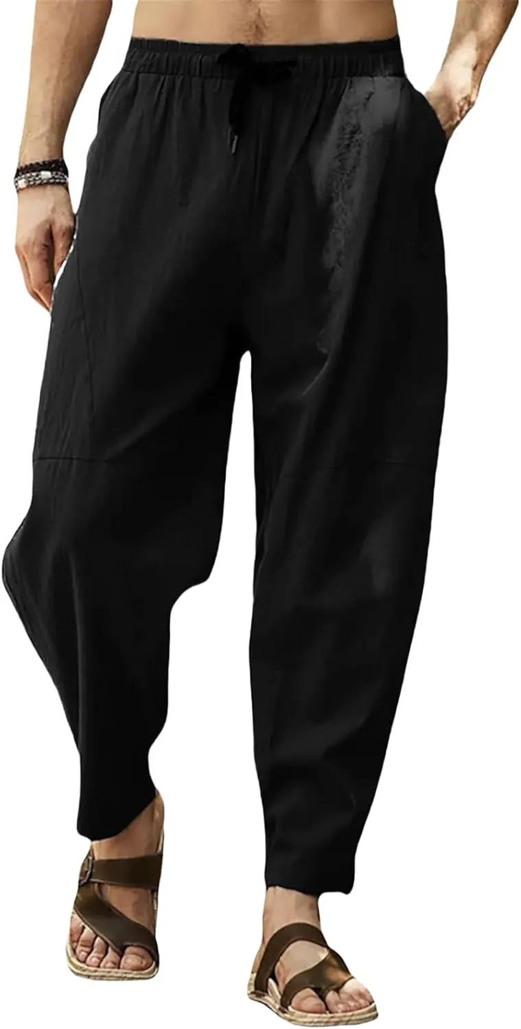 Men's Cotton Linen Casual Hip-Hop Pants Elastic Waist Drawstring Lightweight Pans Loose Fit Summer Beach Yoga Trousers