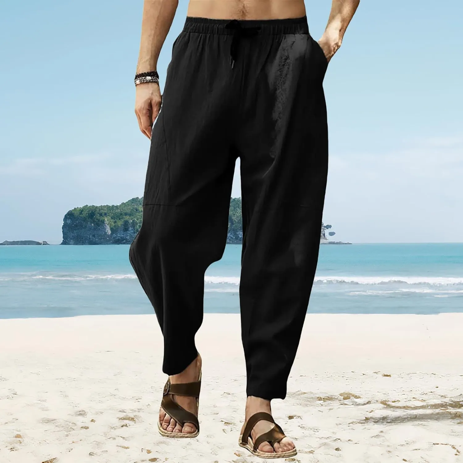 Men's Cotton Linen Casual Hip-Hop Pants Elastic Waist Drawstring Lightweight Pans Loose Fit Summer Beach Yoga Trousers