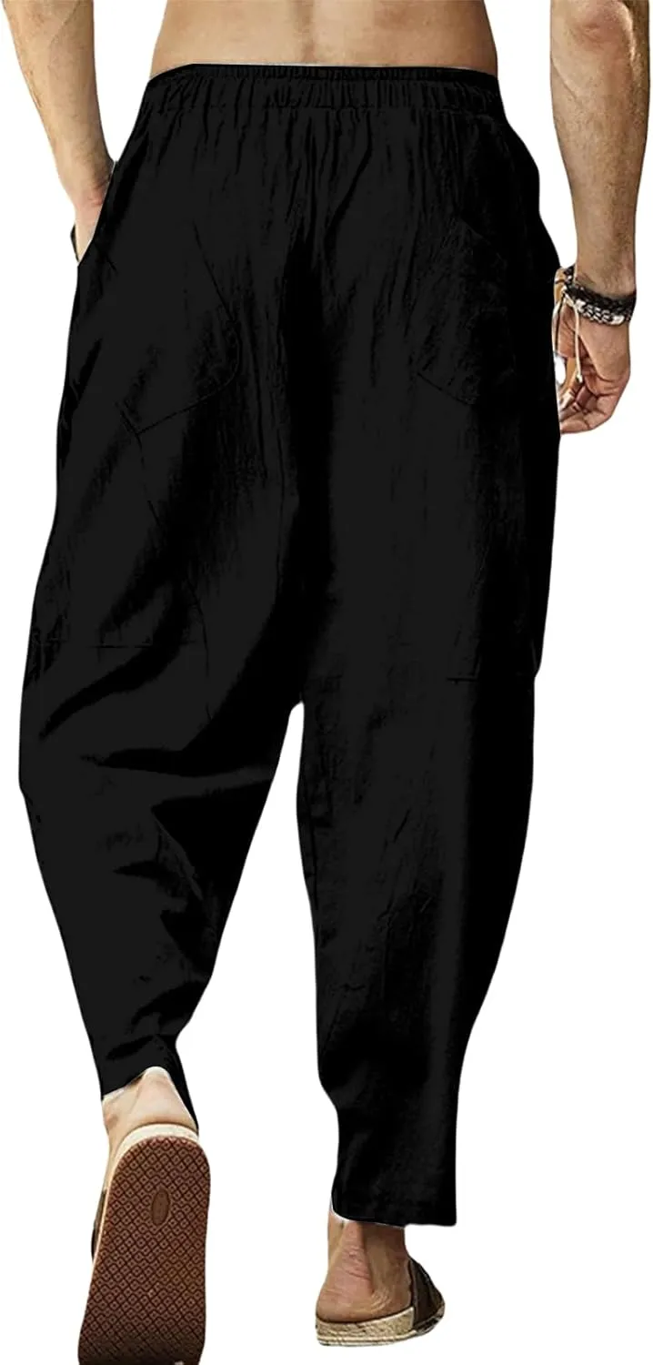 Men's Cotton Linen Casual Hip-Hop Pants Elastic Waist Drawstring Lightweight Pans Loose Fit Summer Beach Yoga Trousers