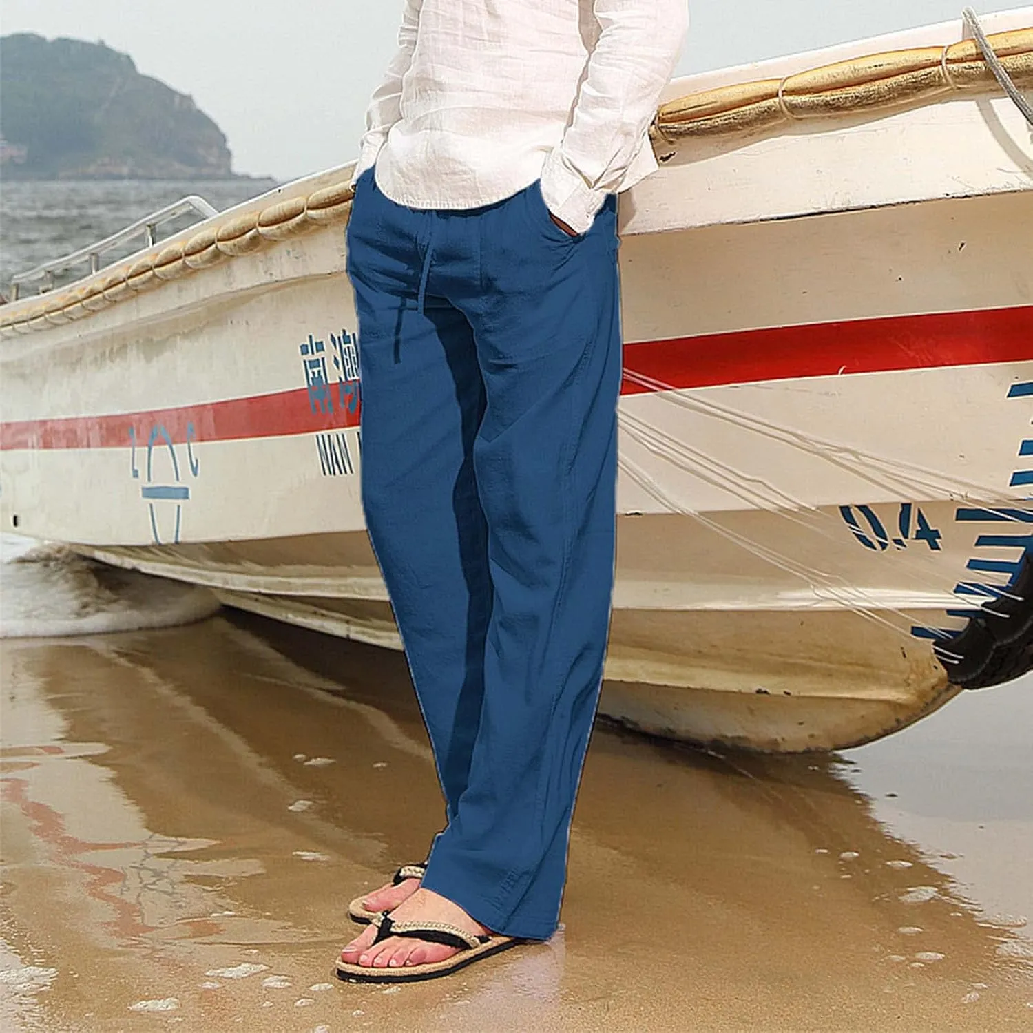 Men's Cotton Linen Pants Drawstring Joggers Yoga Pants Elastic Waist Lightweight Baggy Casual Beach Pants for Summer