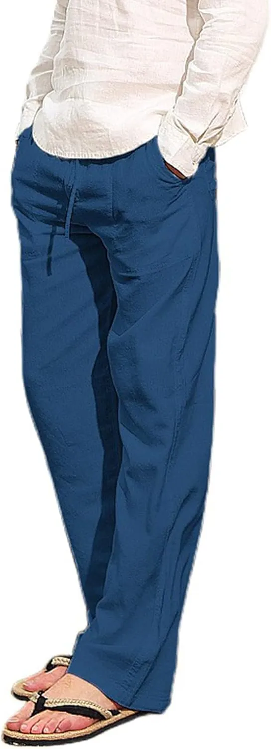 Men's Cotton Linen Pants Drawstring Joggers Yoga Pants Elastic Waist Lightweight Baggy Casual Beach Pants for Summer