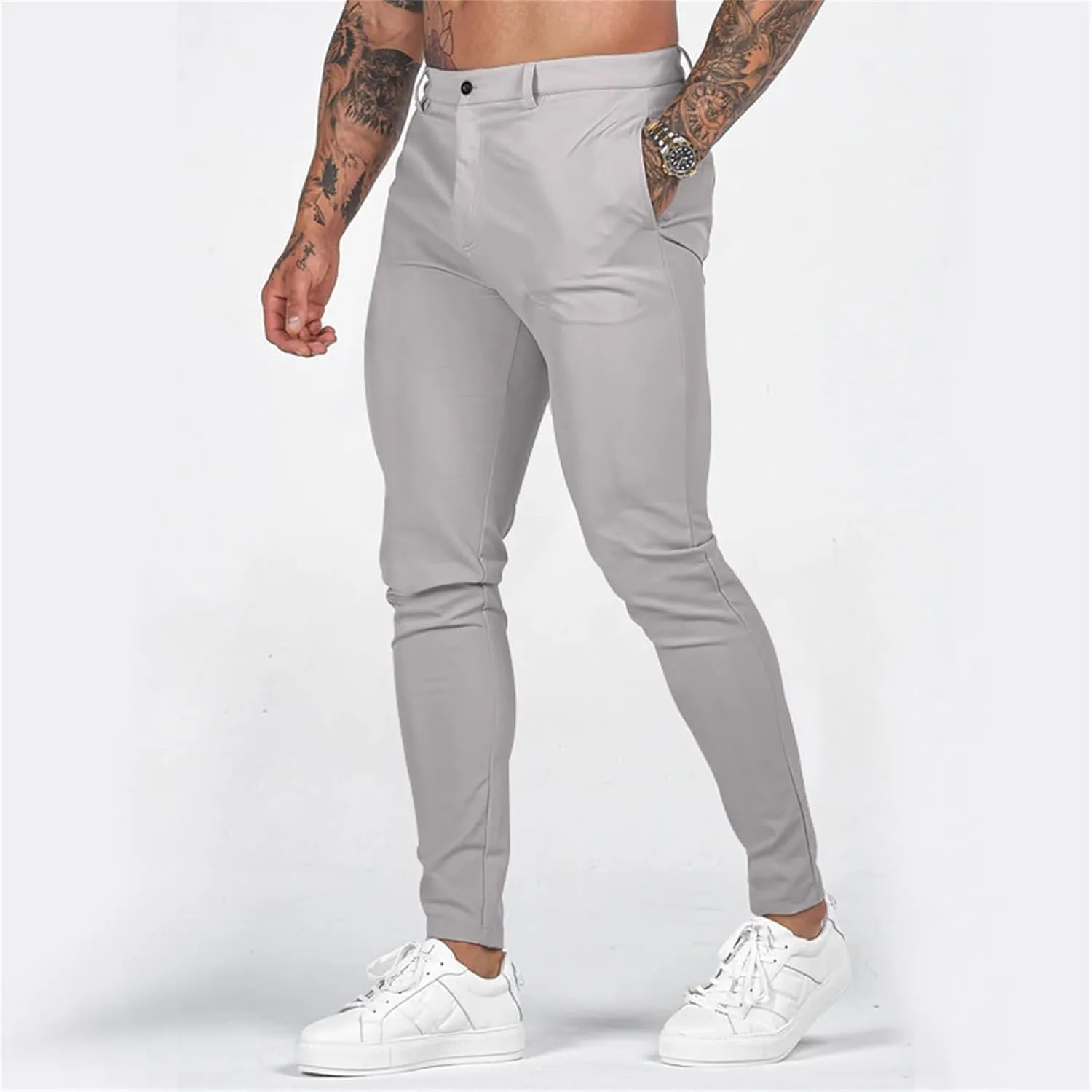 Mens Fashion Slim Fit Golf Dress Pants Casual Business Skinny Stretch Flat-Front Tapered Leg Chino Expandable Waist Suit Pant