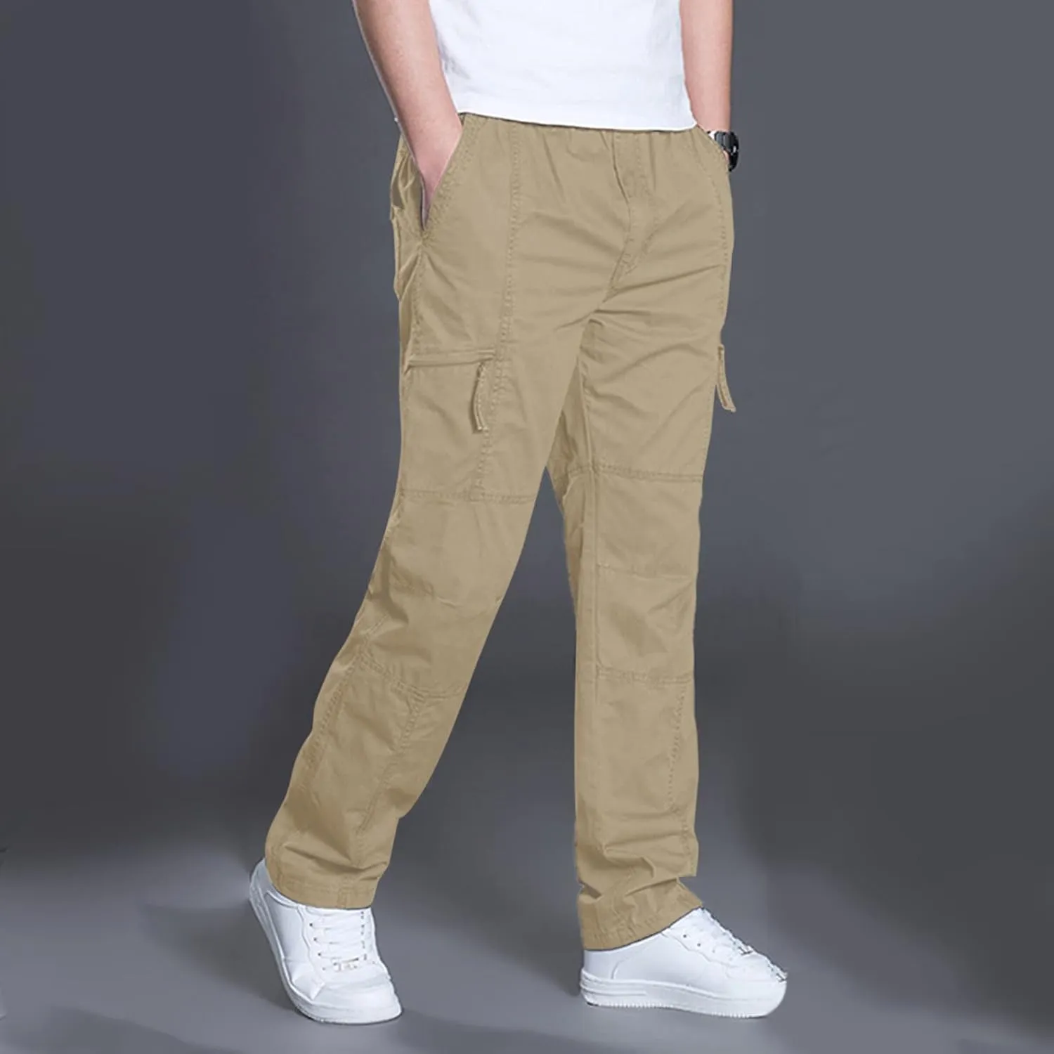 Mens Lightweight Cargo Pants Elastic Waist Straight Leg Slim Fit Chino Trousers for Men Trendy Solid Work Khaki Pant