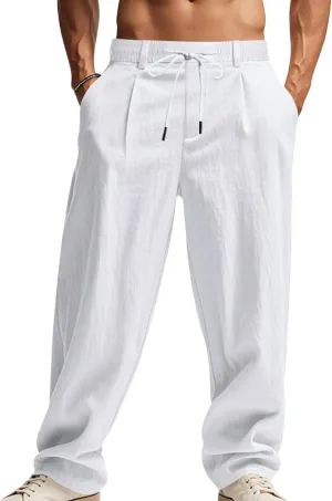 Mens Linen Pants Fashion Simple Drawstring Waist Pants Wide Leg Yoga Trouser Outdoor Breathable Comfy Travel Trousers