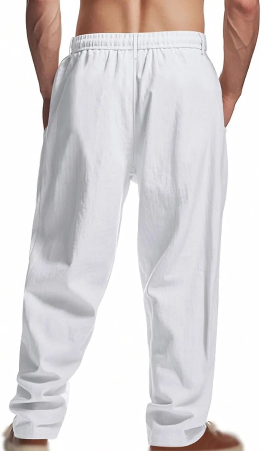 Mens Linen Pants Fashion Simple Drawstring Waist Pants Wide Leg Yoga Trouser Outdoor Breathable Comfy Travel Trousers