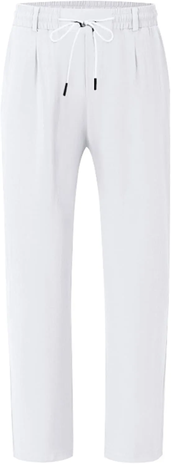 Mens Linen Pants Fashion Simple Drawstring Waist Pants Wide Leg Yoga Trouser Outdoor Breathable Comfy Travel Trousers