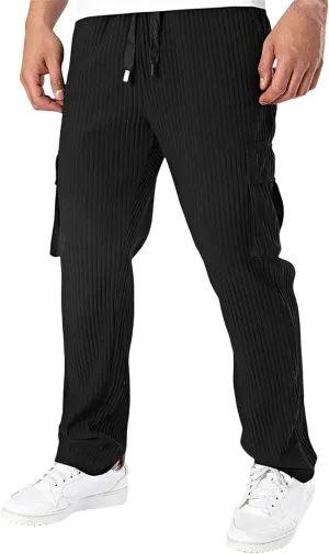 Men's Loose Straight Corduroy Pants Casual Slim Fit Drawstring Solid Color Work Pants Thick Breathable Sport Trousers