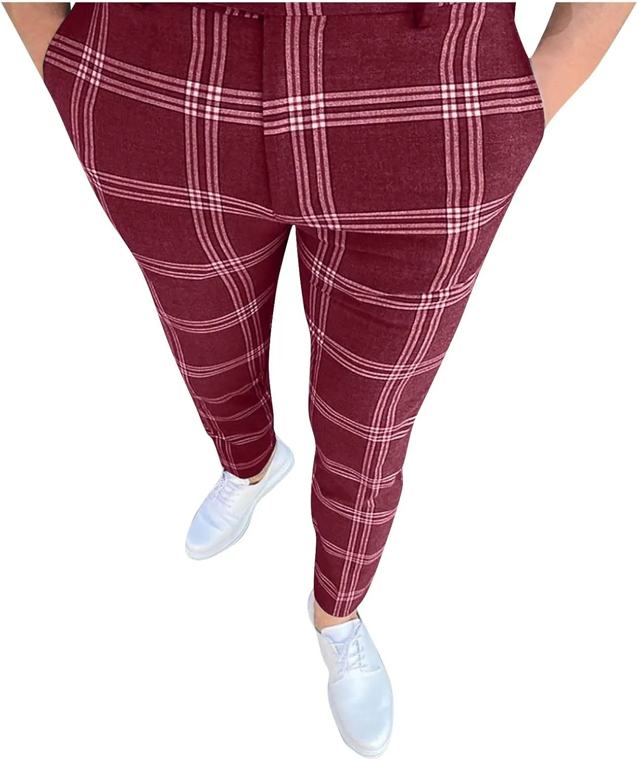 Mens Plaid Pants Skinny Dress Pants Stretch Slim Fit Business Casual Dress Chinos Pants for Men