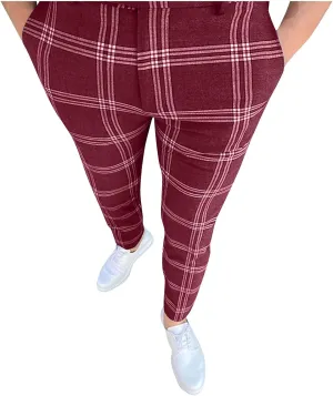 Mens Plaid Pants Skinny Dress Pants Stretch Slim Fit Business Casual Dress Chinos Pants for Men
