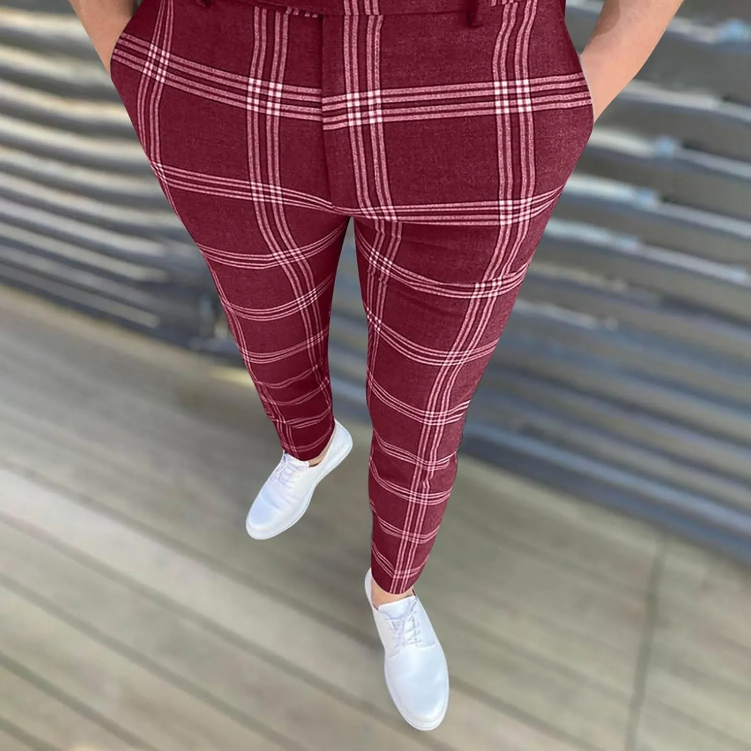 Mens Plaid Pants Skinny Dress Pants Stretch Slim Fit Business Casual Dress Chinos Pants for Men