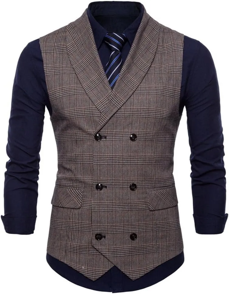 Mens Plaid Vest Double Breasted Lapel Slim Fit Formal Dress Vest Business Waistcoat (XL, Coffe)