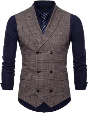 Mens Plaid Vest Double Breasted Lapel Slim Fit Formal Dress Vest Business Waistcoat (XL, Coffe)