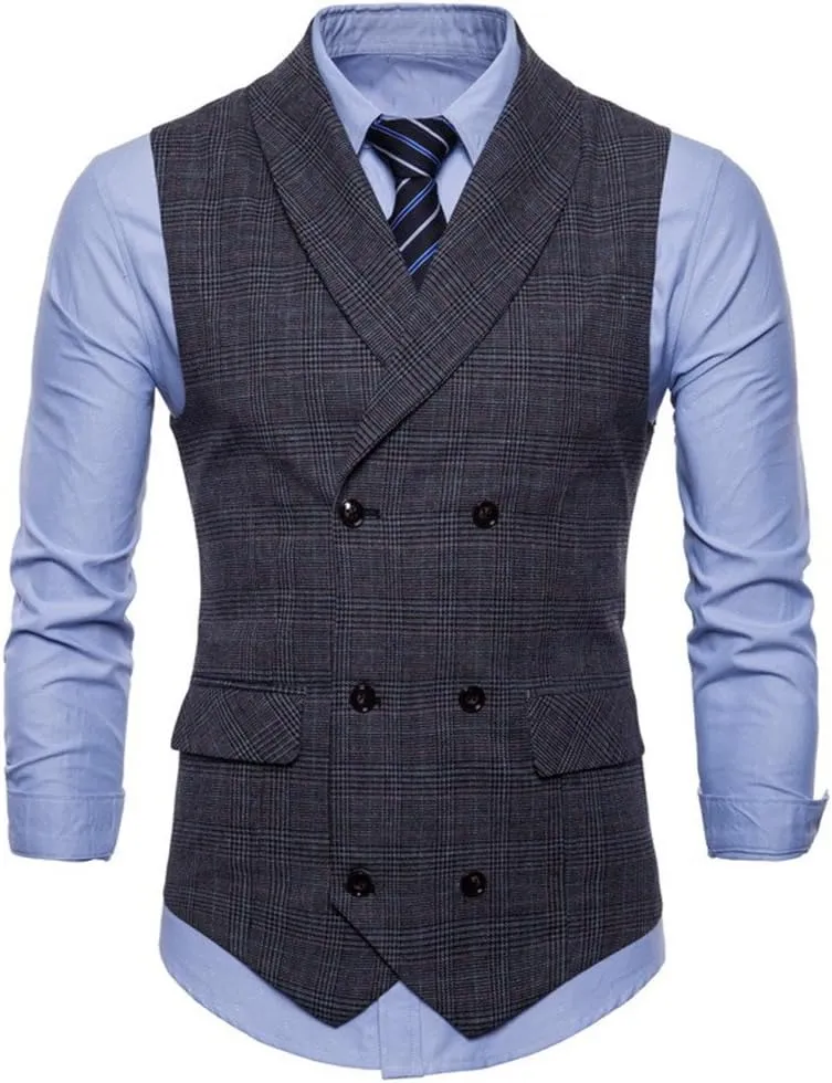 Mens Plaid Vest Double Breasted Lapel Slim Fit Formal Dress Vest Business Waistcoat (XL, Dark Grey)