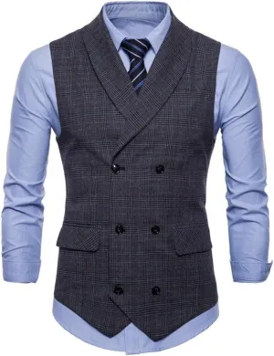Mens Plaid Vest Double Breasted Lapel Slim Fit Formal Dress Vest Business Waistcoat (XL, Dark Grey)
