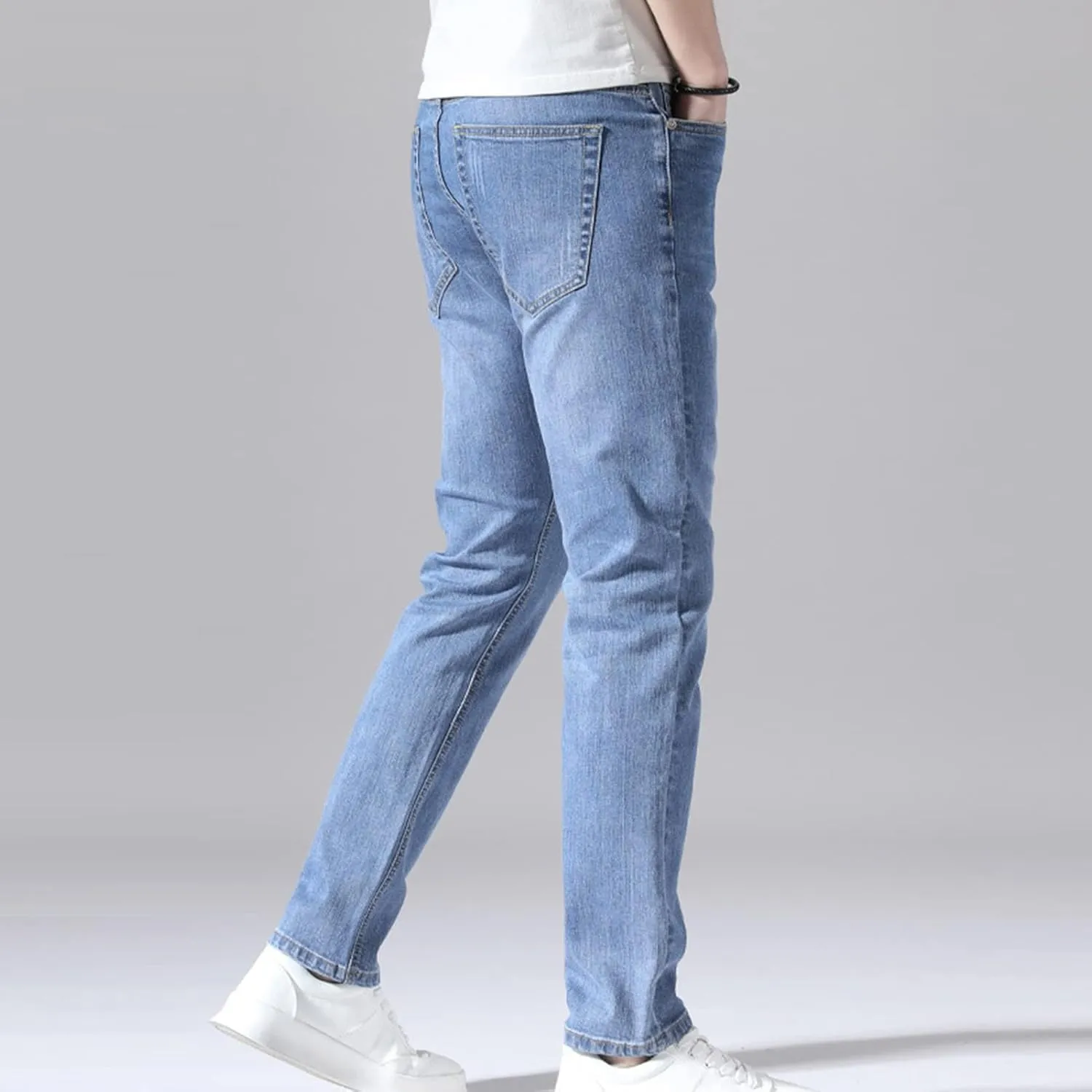 Men's Slim Fit Skinny Stretch Jeans Classic Retro Straight Leg Denim Pants Washed Distressed Comfy Jean Trousers