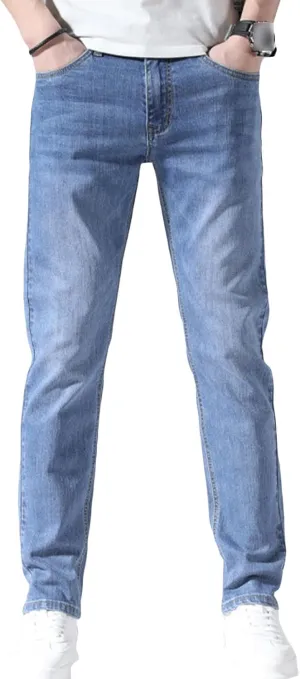 Men's Slim Fit Skinny Stretch Jeans Classic Retro Straight Leg Denim Pants Washed Distressed Comfy Jean Trousers