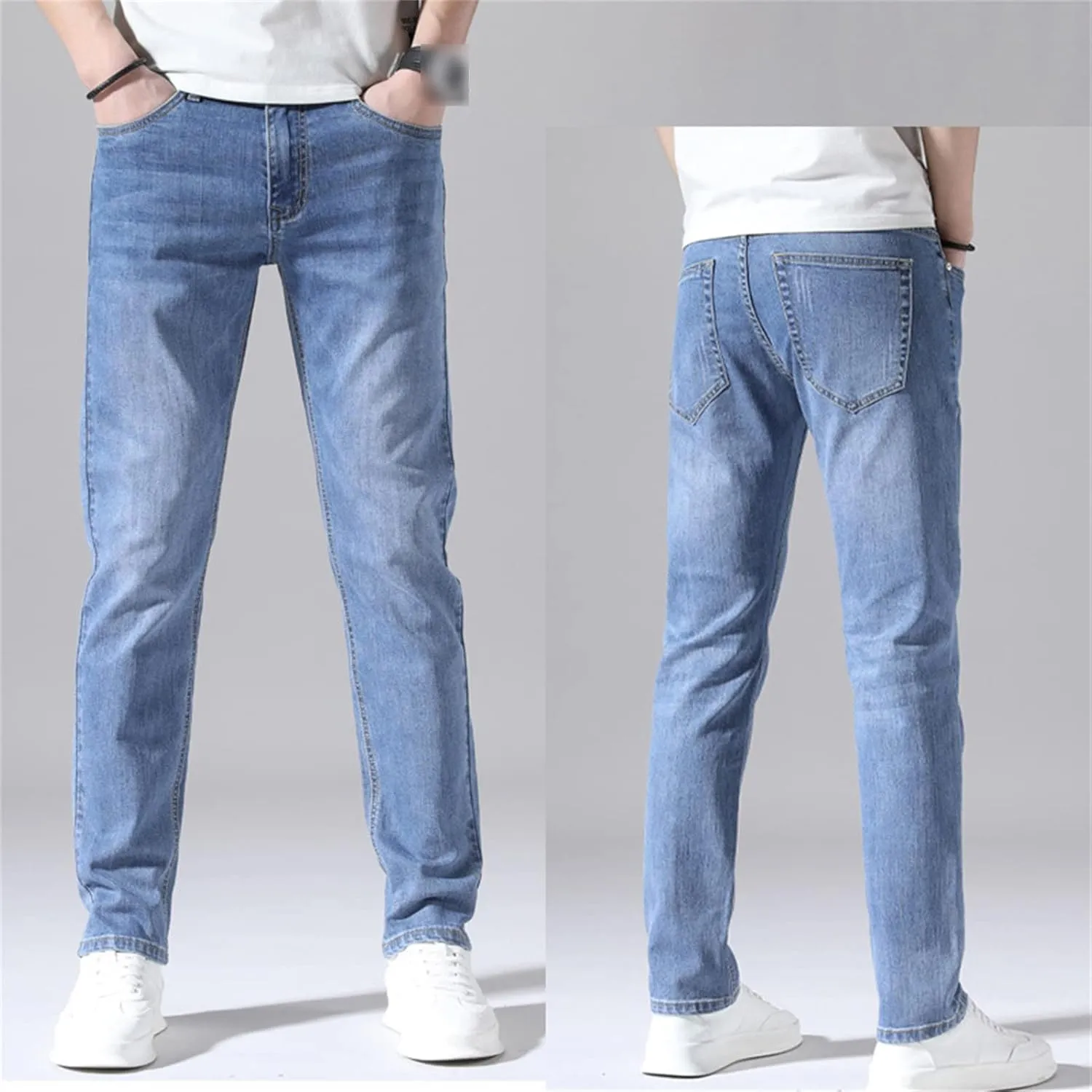 Men's Slim Fit Skinny Stretch Jeans Classic Retro Straight Leg Denim Pants Washed Distressed Comfy Jean Trousers