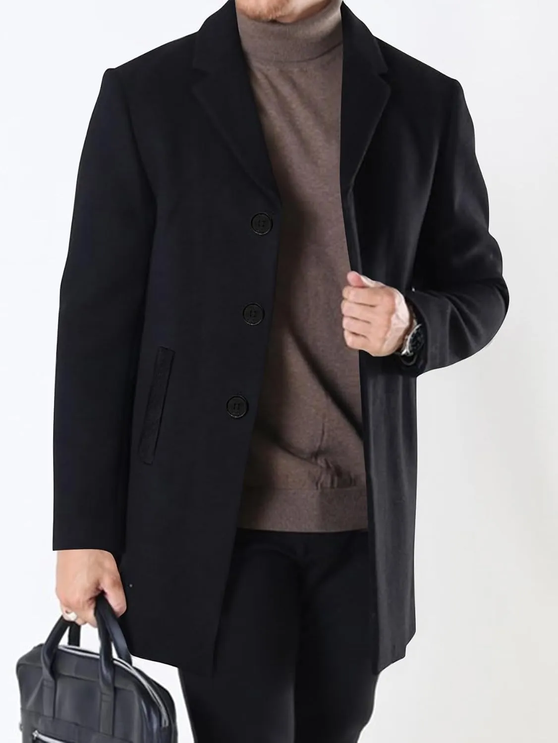 Men's Slim Fit Trench Coat Slim Fit Notched Collar Long Jacket Overcoat Single Breasted Pea Coat wih Pockets