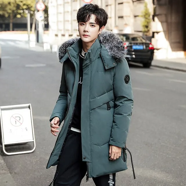 Men's Solid Long Hooded Down Jacket