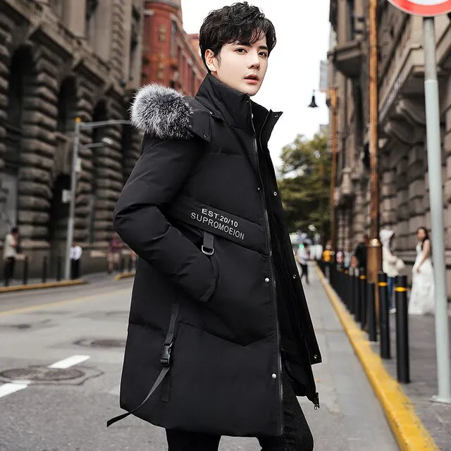 Men's Solid Long Hooded Down Jacket