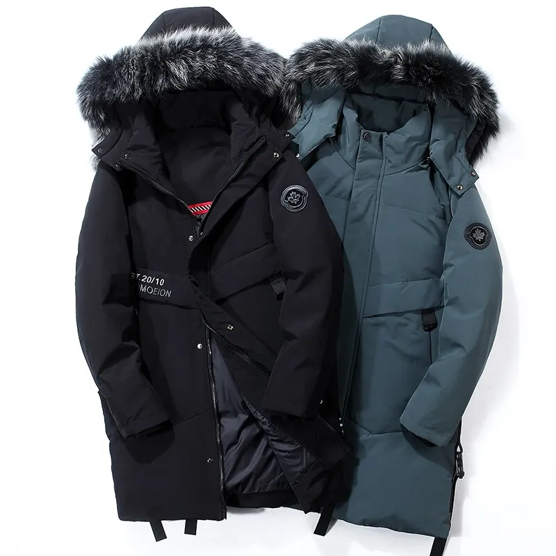 Men's Solid Long Hooded Down Jacket