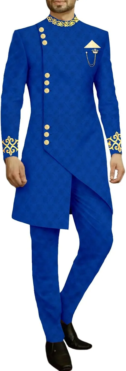 Men`s Suit Slim Fit Embroidery Single Breated Blazer and Pants Set African Clothes Formal Outfits